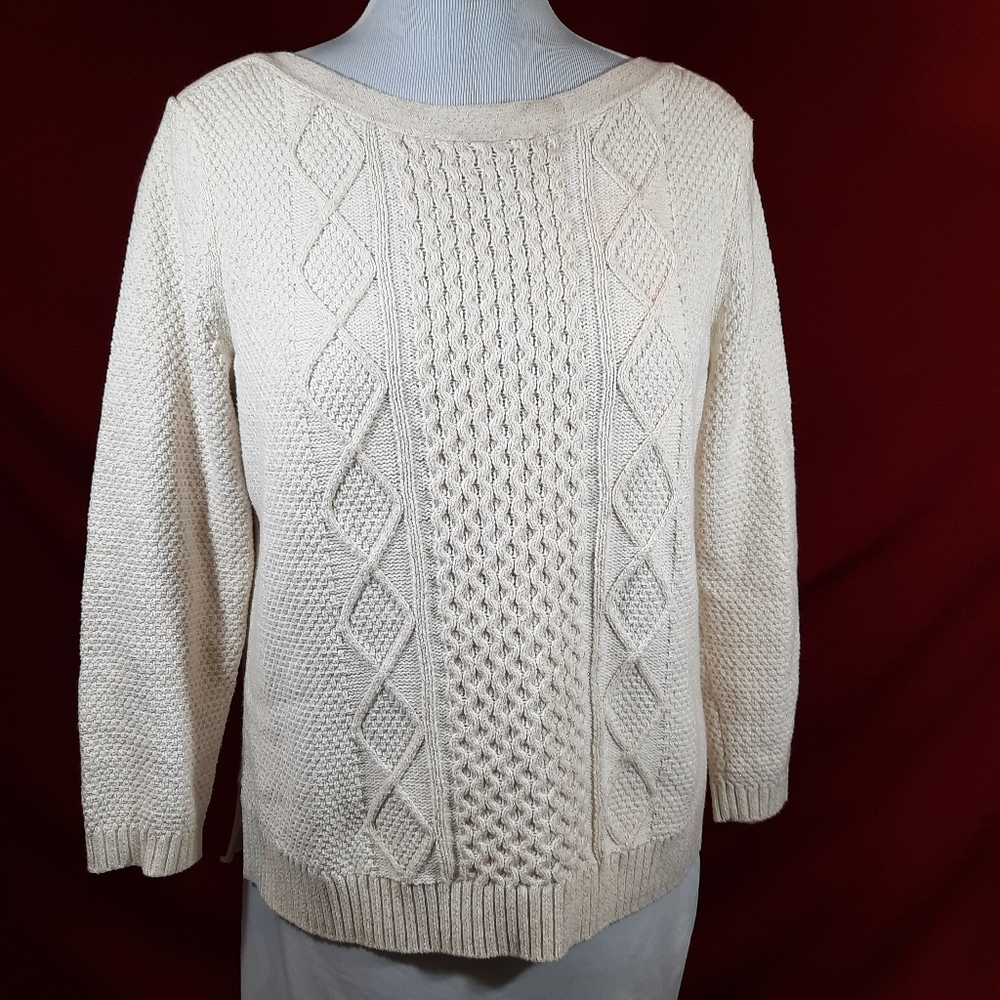 Karen Scott Cable Knit Sparkle Gold Metalic Glitter Long Sleeve Sweater Sz L